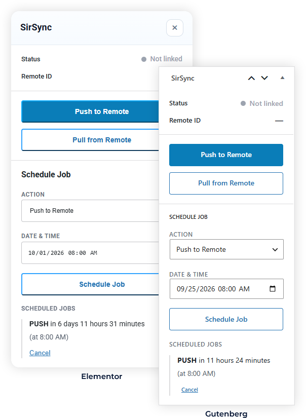 SirSync scheduled syncing panels for Elementor and Gutenburg